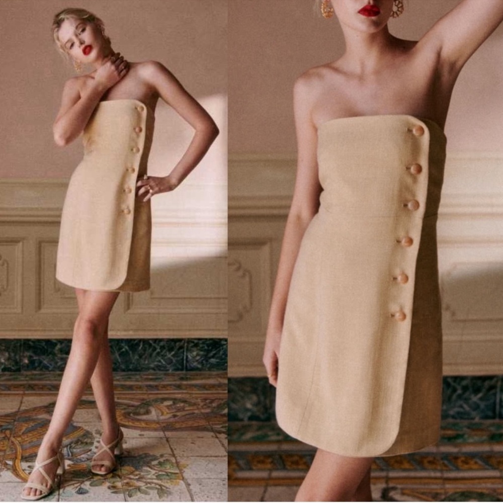 Sezane Chiara Mini Dress Neutral Beige Linen Strapless Size 38 US 6 NWT